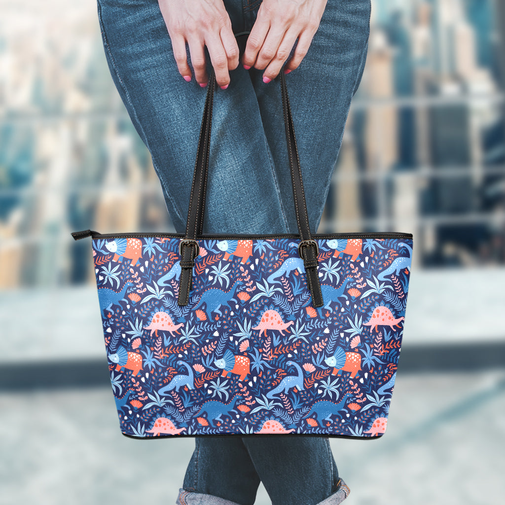 Cute Dino Leaves And Flowers Print Leather Tote Bag