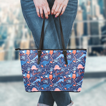 Cute Dino Leaves And Flowers Print Leather Tote Bag