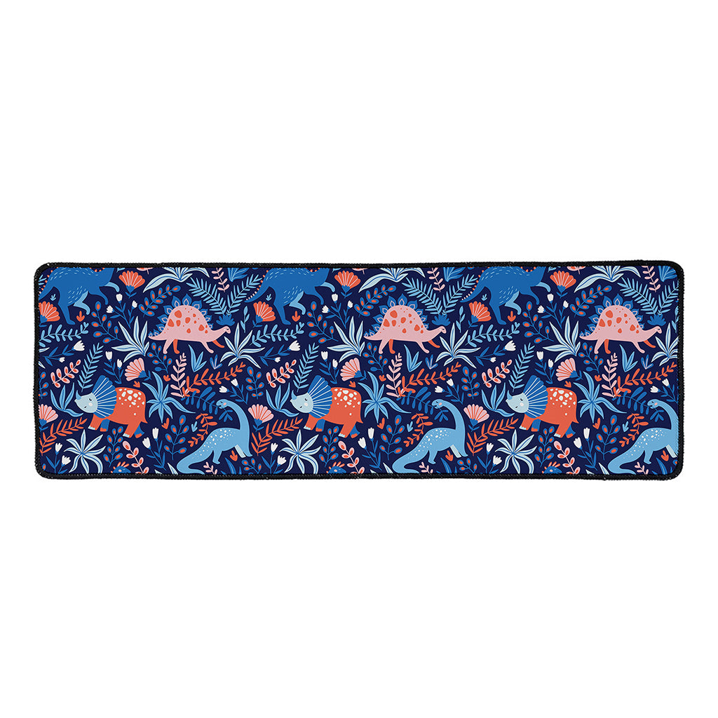 Cute Dino Leaves And Flowers Print Long Kitchen Mat