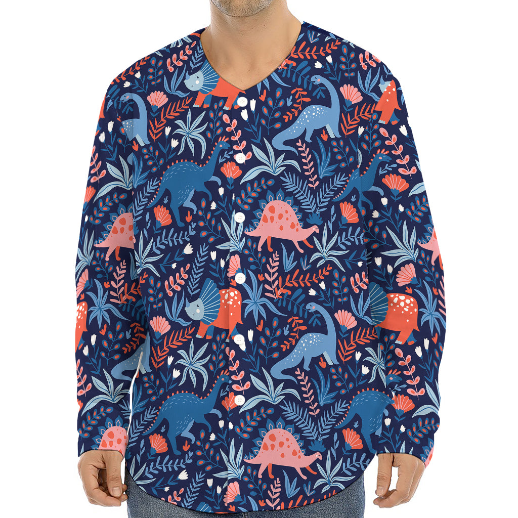 Cute Dino Leaves And Flowers Print Long Sleeve Baseball Jersey
