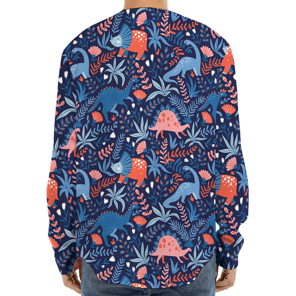 Cute Dino Leaves And Flowers Print Long Sleeve Baseball Jersey