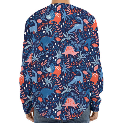 Cute Dino Leaves And Flowers Print Long Sleeve Baseball Jersey