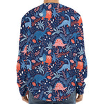 Cute Dino Leaves And Flowers Print Long Sleeve Baseball Jersey