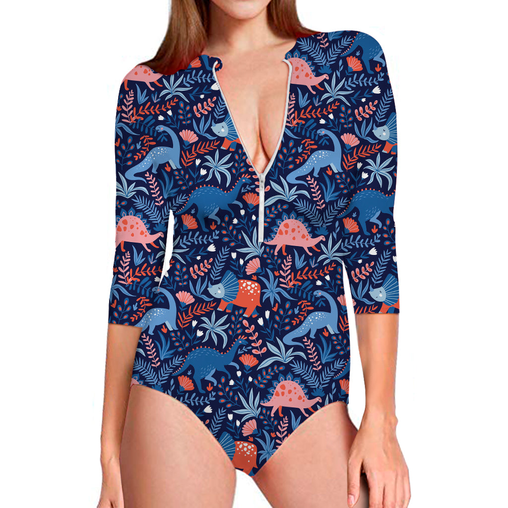 Cute Dino Leaves And Flowers Print Long Sleeve Swimsuit
