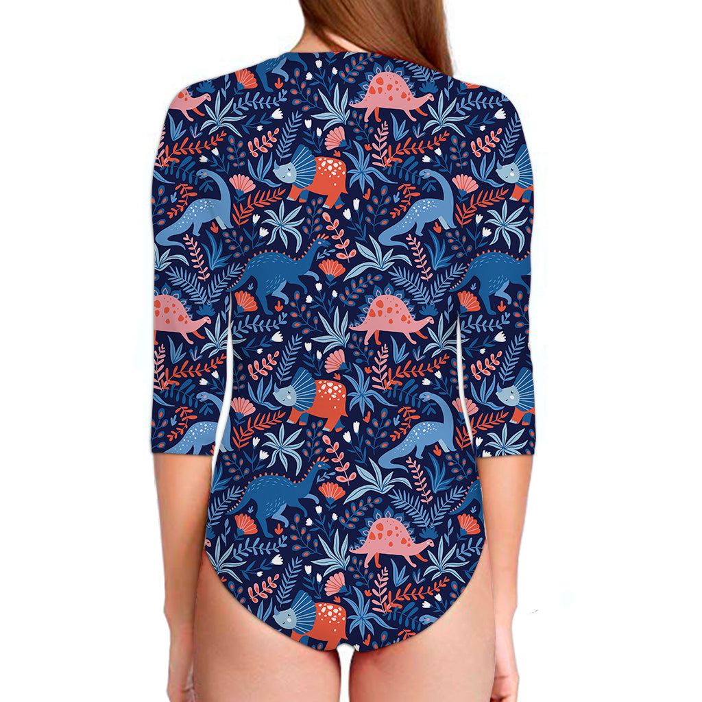 Cute Dino Leaves And Flowers Print Long Sleeve Swimsuit