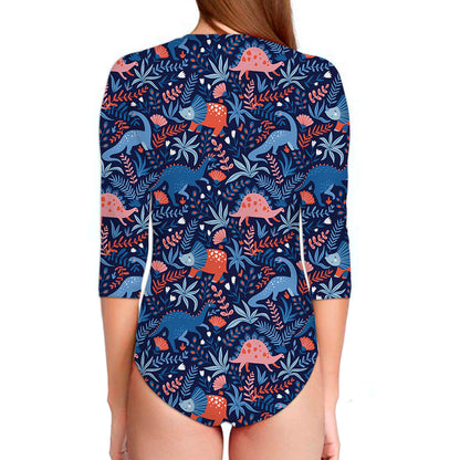 Cute Dino Leaves And Flowers Print Long Sleeve Swimsuit