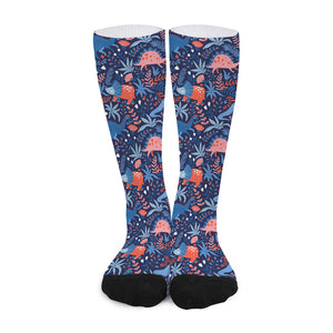 Cute Dino Leaves And Flowers Print Long Socks