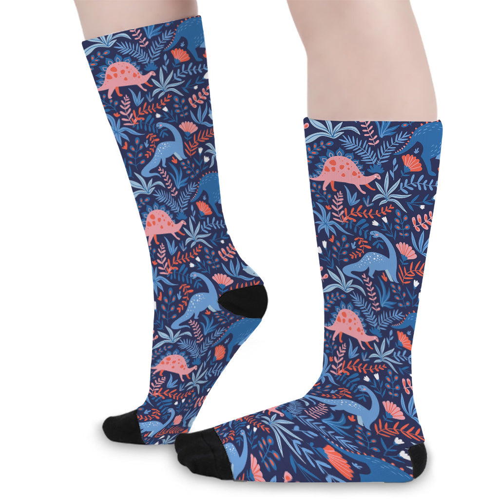 Cute Dino Leaves And Flowers Print Long Socks