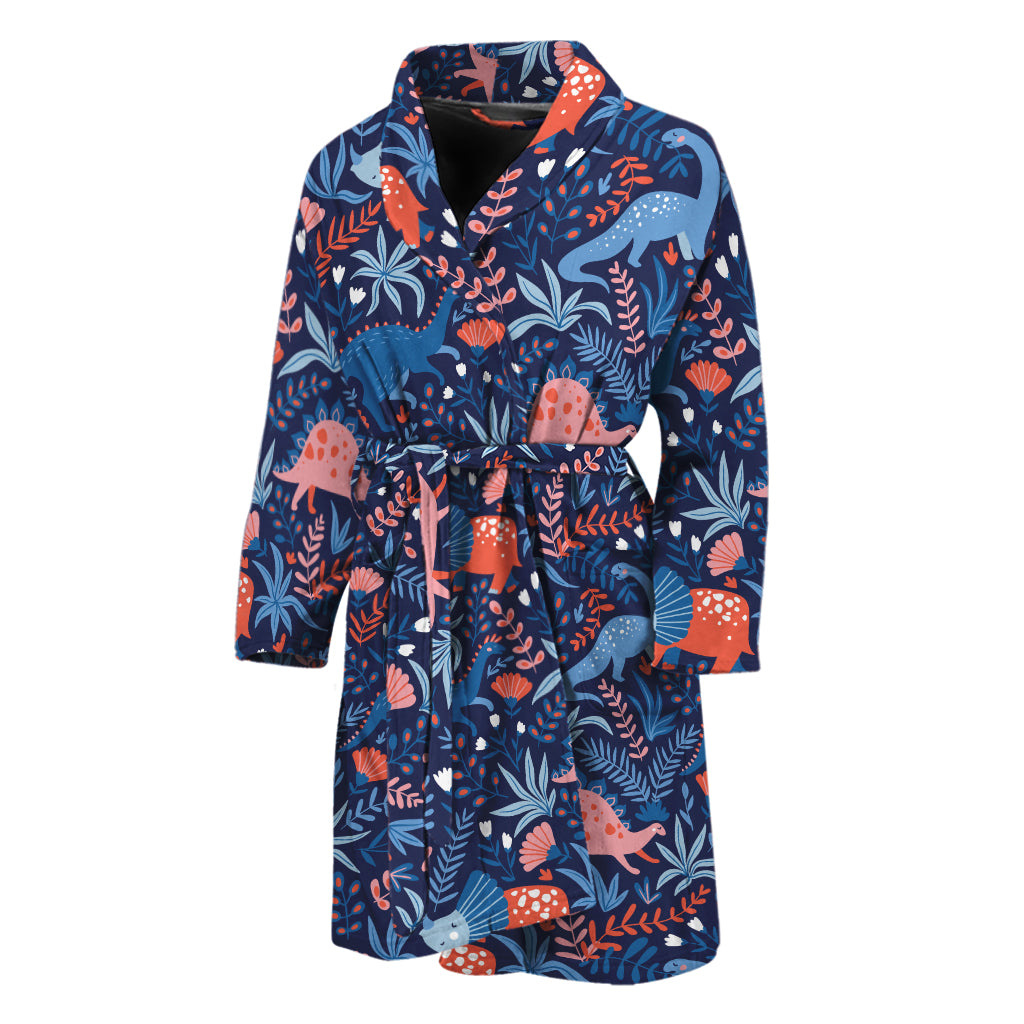 Cute Dino Leaves And Flowers Print Men's Bathrobe