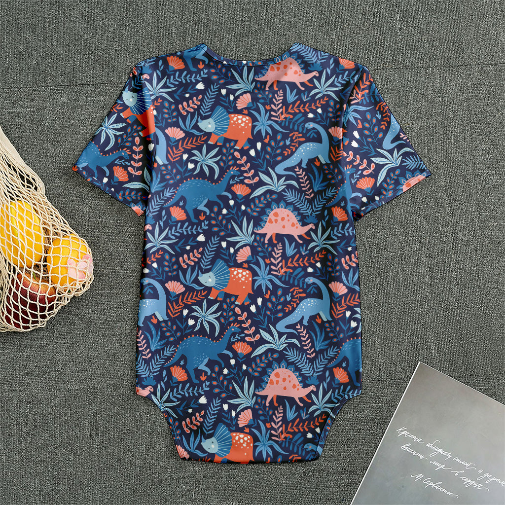 Cute Dino Leaves And Flowers Print Men's Bodysuit
