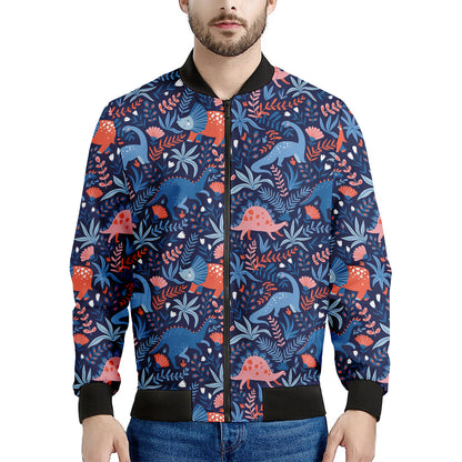 Cute Dino Leaves And Flowers Print Men's Bomber Jacket