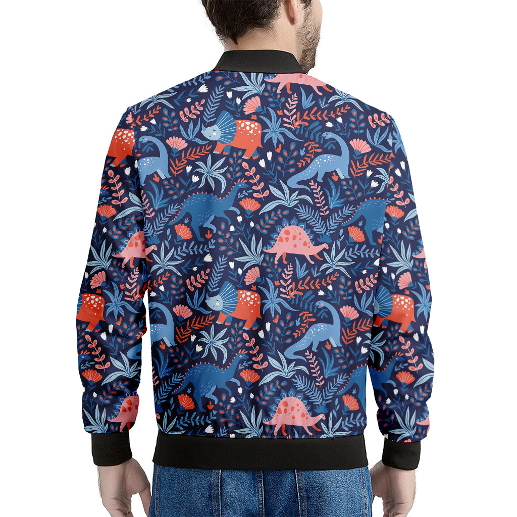 Cute Dino Leaves And Flowers Print Men's Bomber Jacket