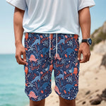Cute Dino Leaves And Flowers Print Men's Cargo Shorts