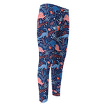 Cute Dino Leaves And Flowers Print Men's Compression Pants