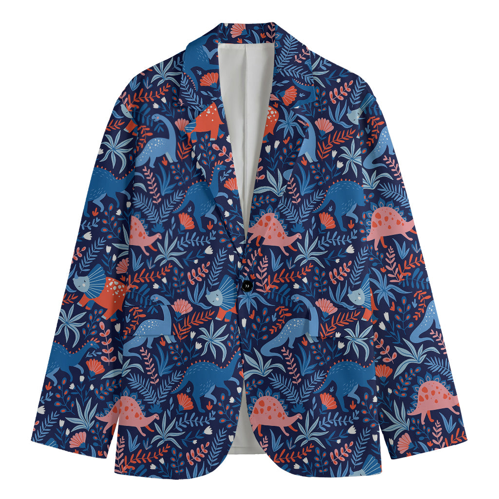 Cute Dino Leaves And Flowers Print Men's Cotton Blazer