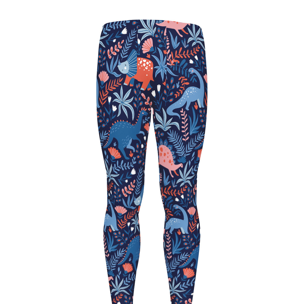 Cute Dino Leaves And Flowers Print Men's leggings