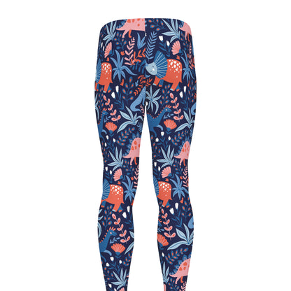 Cute Dino Leaves And Flowers Print Men's leggings