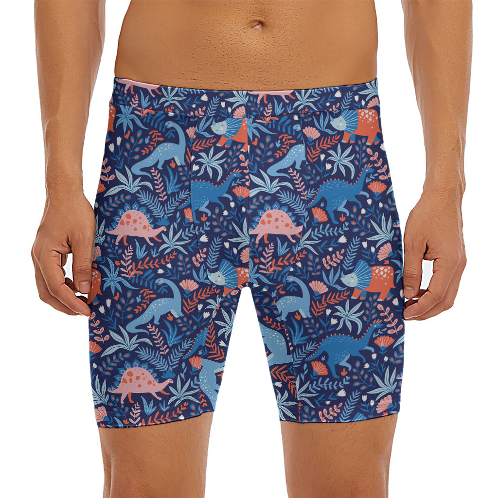 Cute Dino Leaves And Flowers Print Men's Long Boxer Briefs