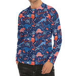 Cute Dino Leaves And Flowers Print Men's Long Sleeve Rash Guard