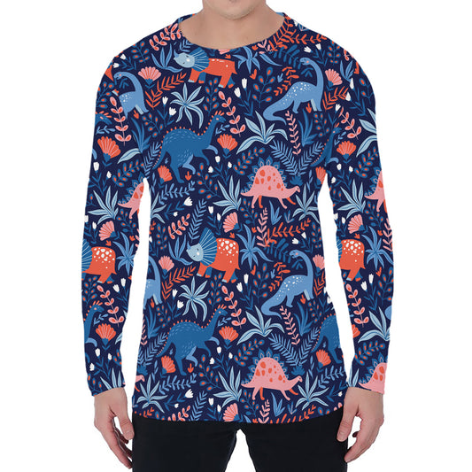 Cute Dino Leaves And Flowers Print Men's Long Sleeve T-Shirt