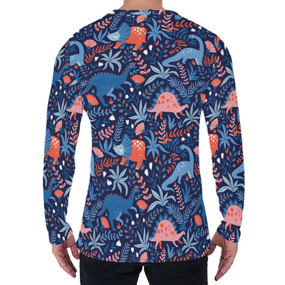 Cute Dino Leaves And Flowers Print Men's Long Sleeve T-Shirt