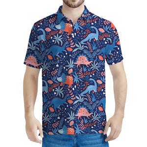 Cute Dino Leaves And Flowers Print Men's Polo Shirt