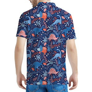 Cute Dino Leaves And Flowers Print Men's Polo Shirt