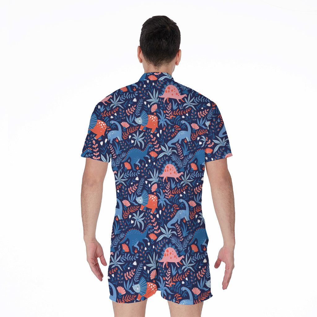 Cute Dino Leaves And Flowers Print Men's Rompers