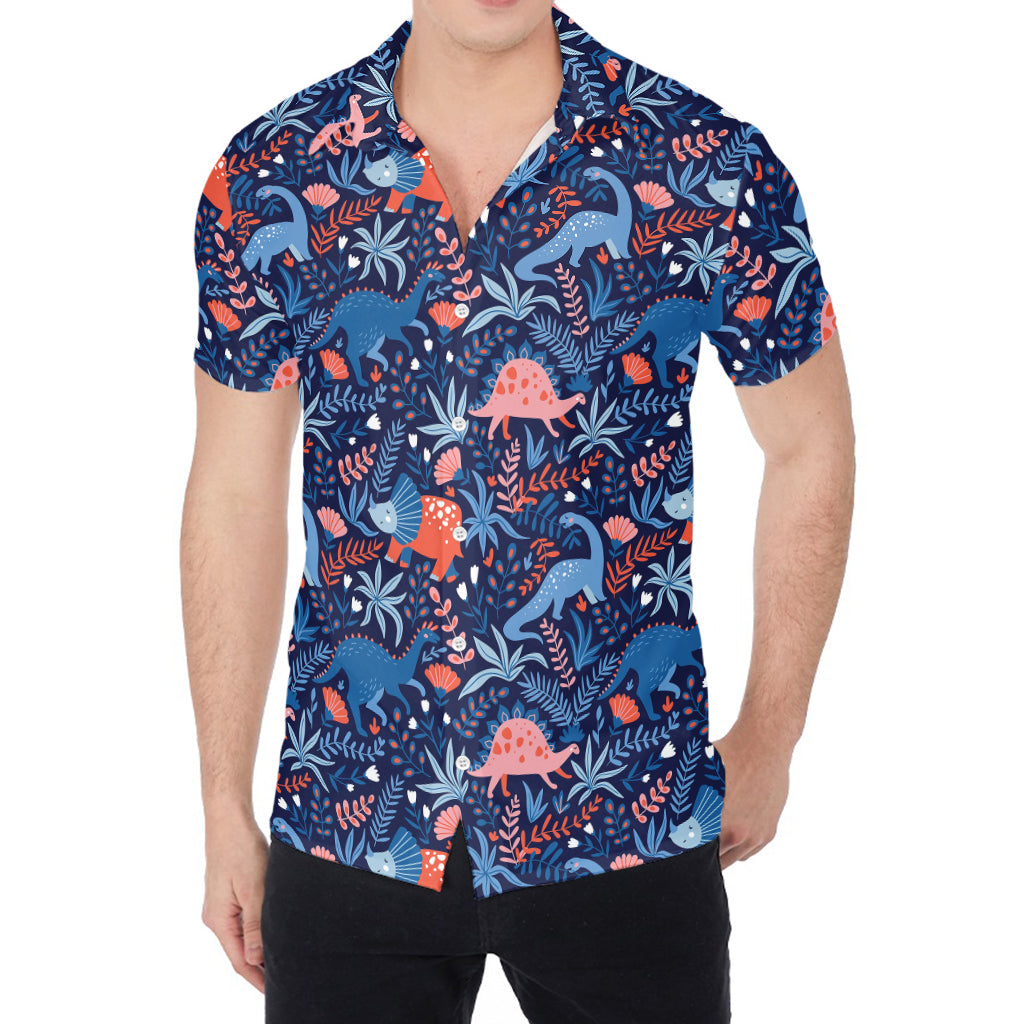 Cute Dino Leaves And Flowers Print Men's Shirt