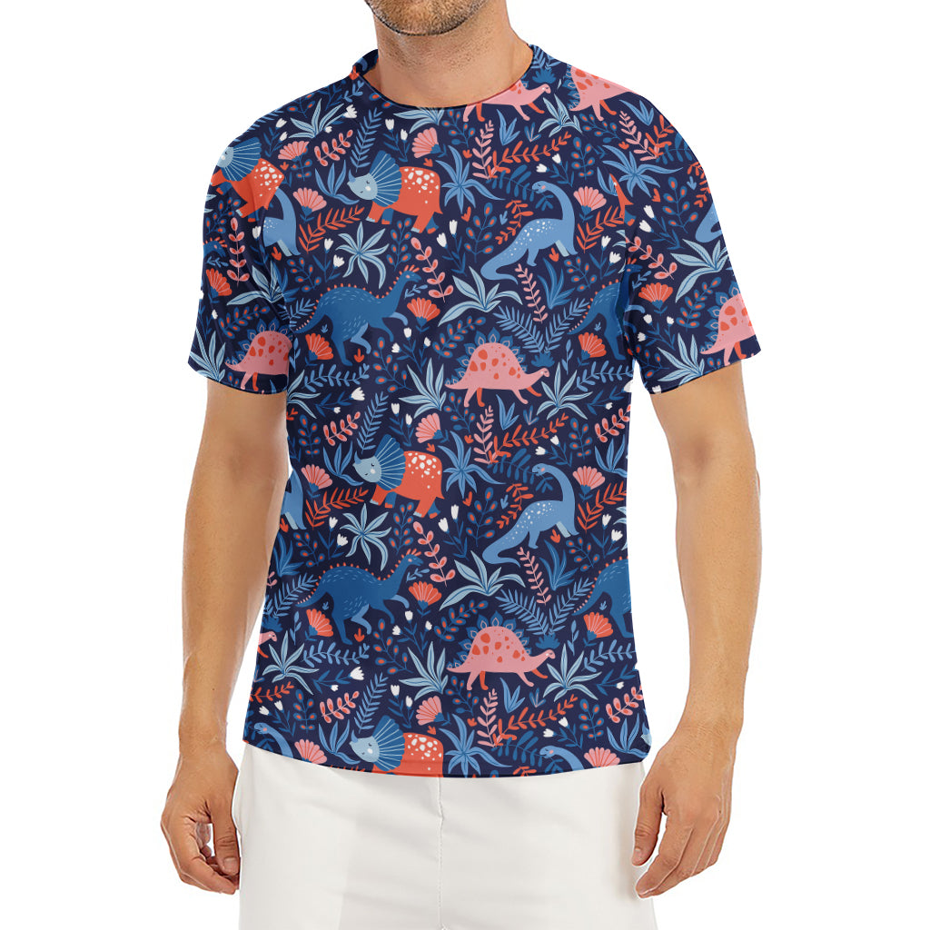 Cute Dino Leaves And Flowers Print Men's Short Sleeve Rash Guard