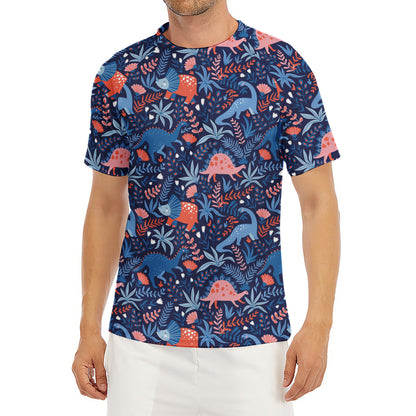 Cute Dino Leaves And Flowers Print Men's Short Sleeve Rash Guard