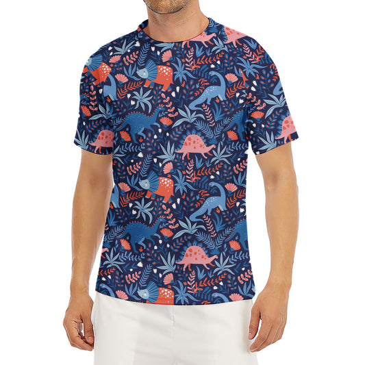 Cute Dino Leaves And Flowers Print Men's Short Sleeve Rash Guard