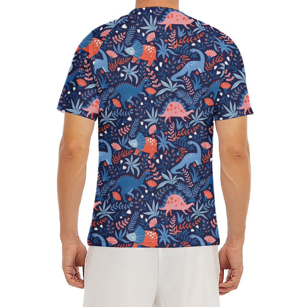 Cute Dino Leaves And Flowers Print Men's Short Sleeve Rash Guard