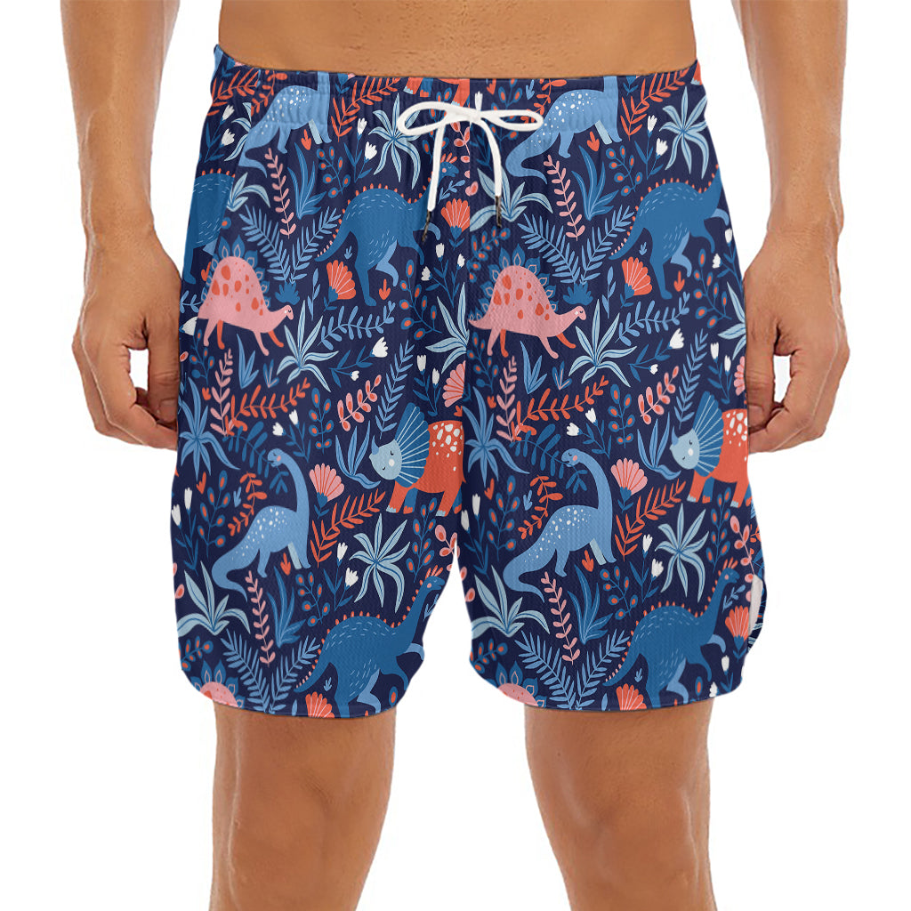 Cute Dino Leaves And Flowers Print Men's Split Running Shorts