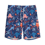 Cute Dino Leaves And Flowers Print Men's Sports Shorts