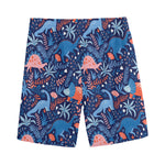 Cute Dino Leaves And Flowers Print Men's Sports Shorts
