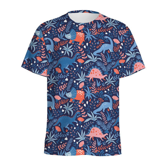Cute Dino Leaves And Flowers Print Men's Sports T-Shirt