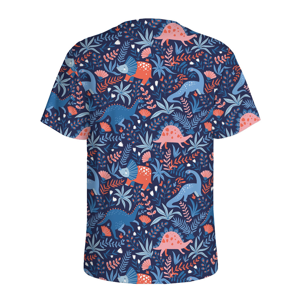 Cute Dino Leaves And Flowers Print Men's Sports T-Shirt