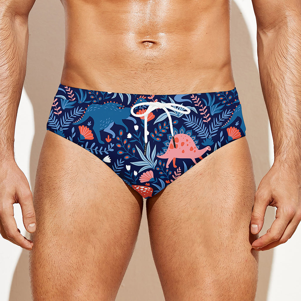Cute Dino Leaves And Flowers Print Men's Swim Briefs