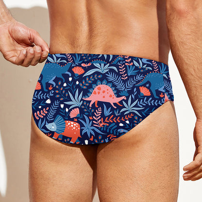 Cute Dino Leaves And Flowers Print Men's Swim Briefs