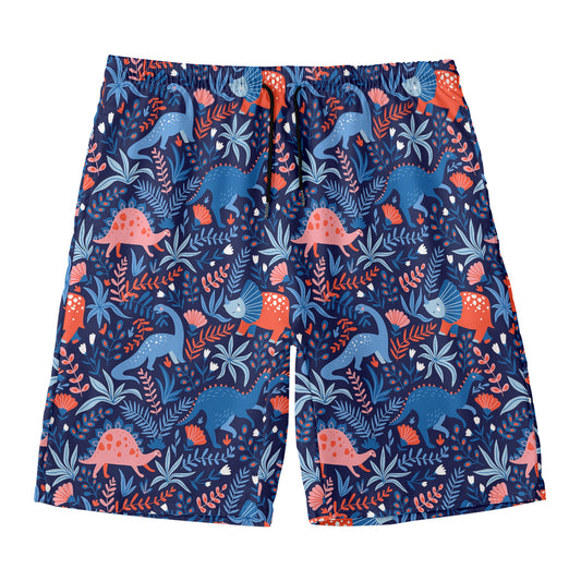 Cute Dino Leaves And Flowers Print Men's Swim Trunks