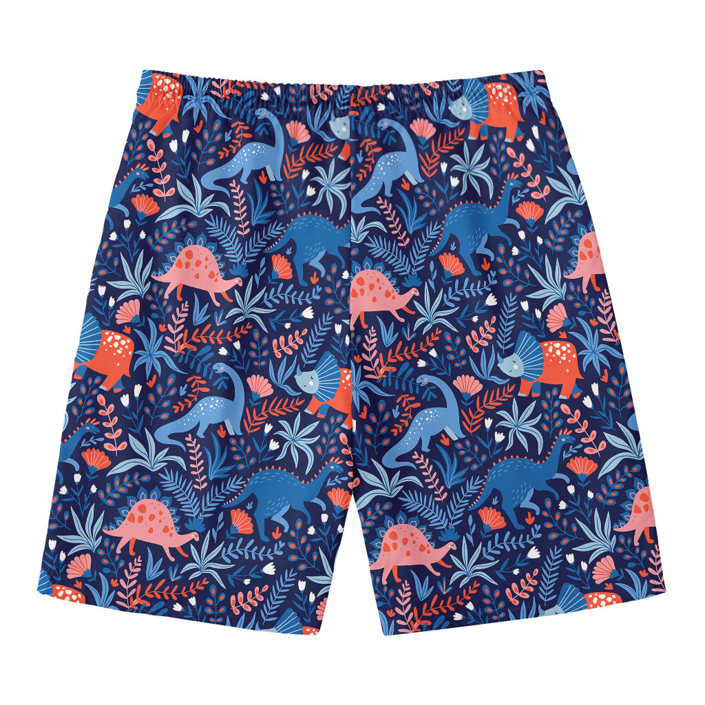 Cute Dino Leaves And Flowers Print Men's Swim Trunks