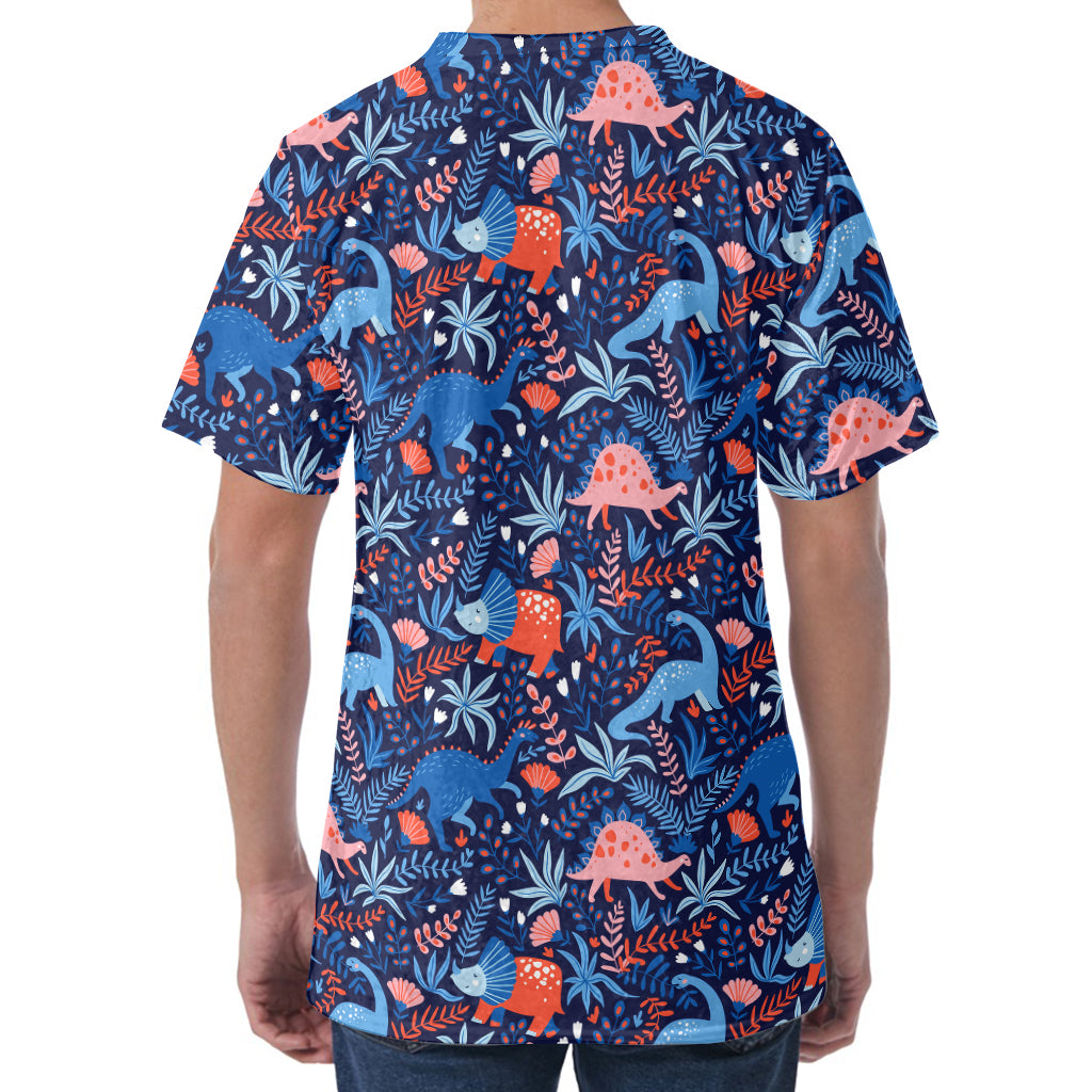 Cute Dino Leaves And Flowers Print Men's Velvet T-Shirt