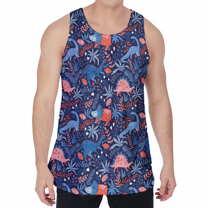 Cute Dino Leaves And Flowers Print Men's Velvet Tank Top