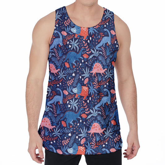 Cute Dino Leaves And Flowers Print Men's Velvet Tank Top