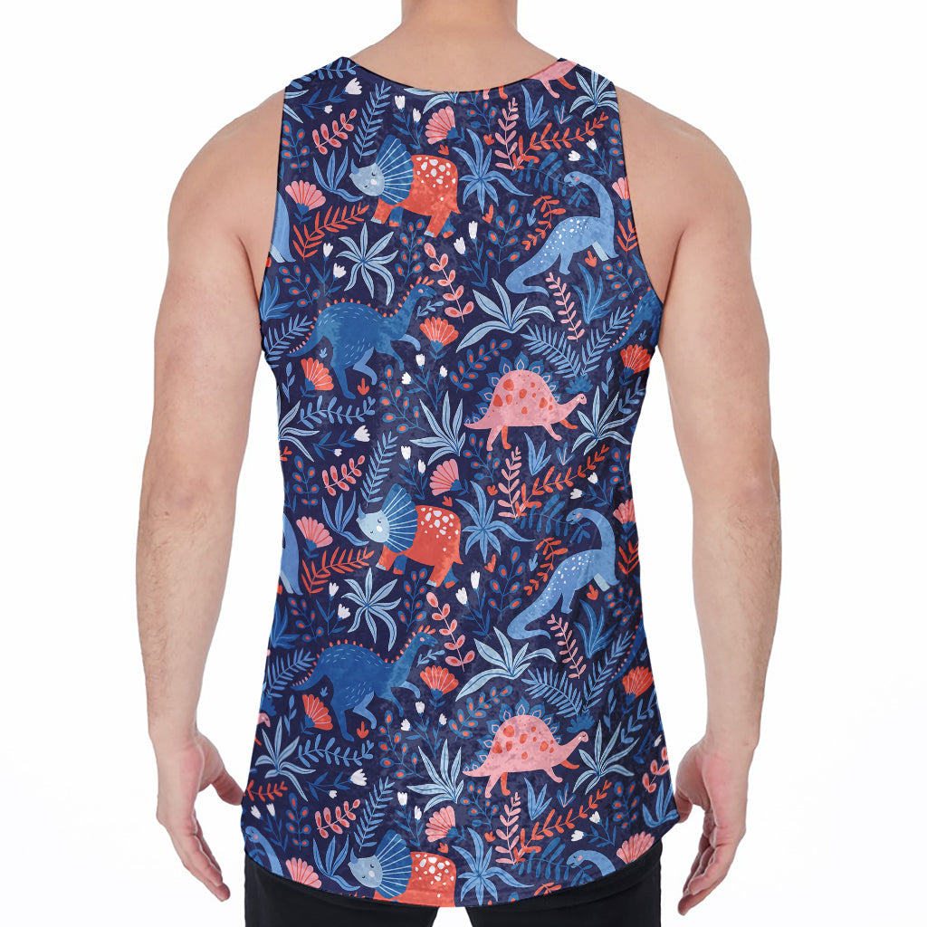 Cute Dino Leaves And Flowers Print Men's Velvet Tank Top