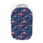 Cute Dino Leaves And Flowers Print Mesh Laundry Hamper