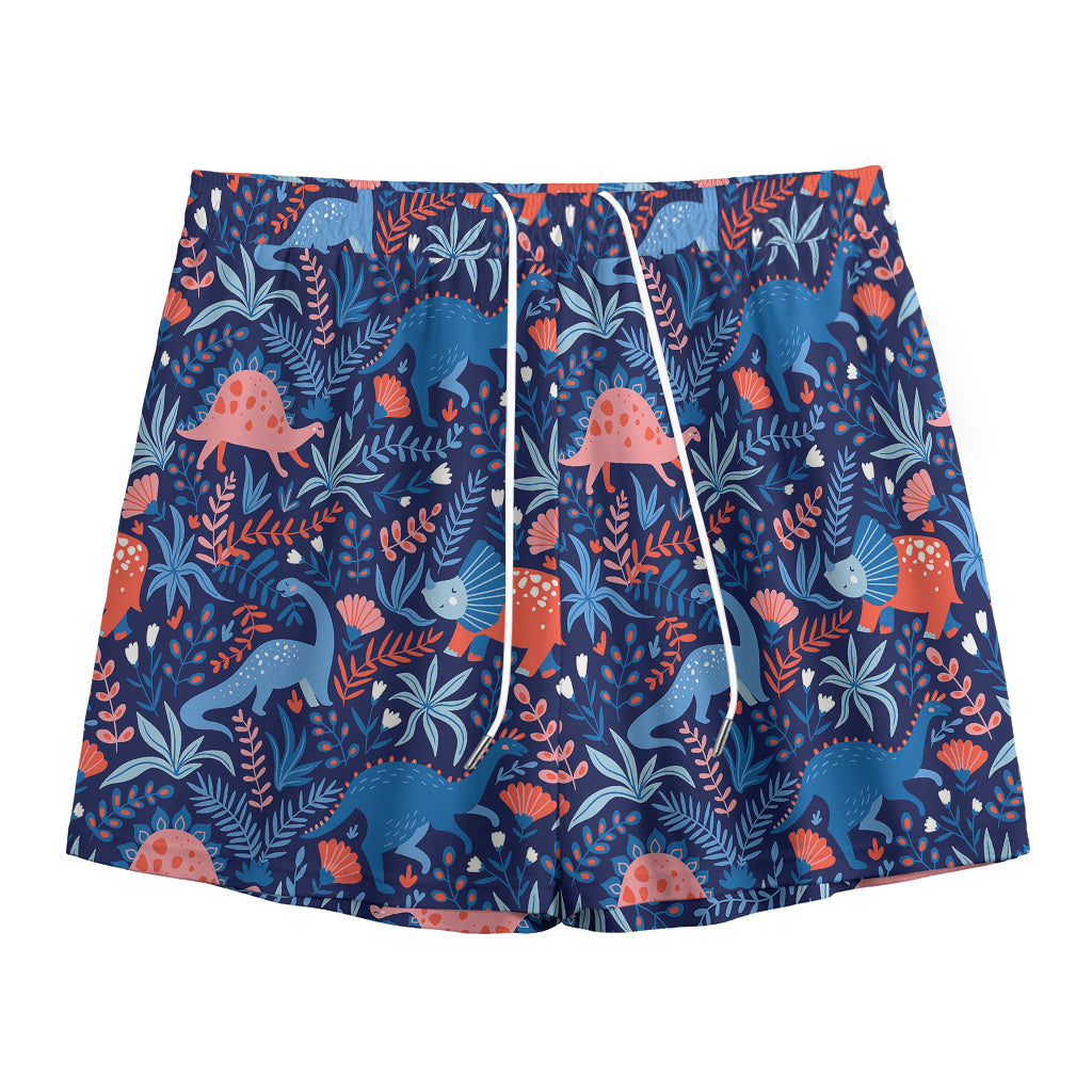 Cute Dino Leaves And Flowers Print Mesh Shorts