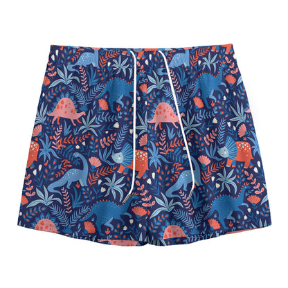 Cute Dino Leaves And Flowers Print Mesh Shorts
