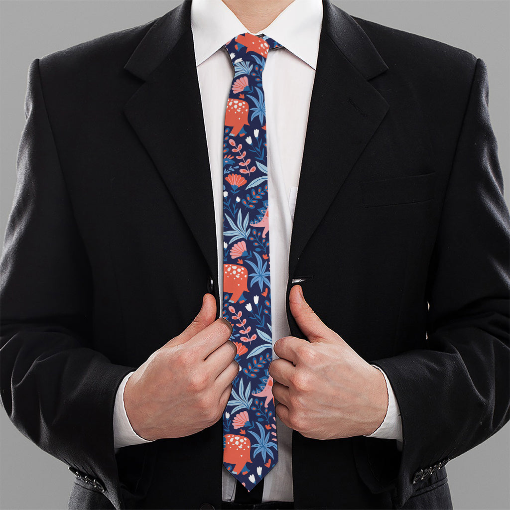Cute Dino Leaves And Flowers Print Necktie